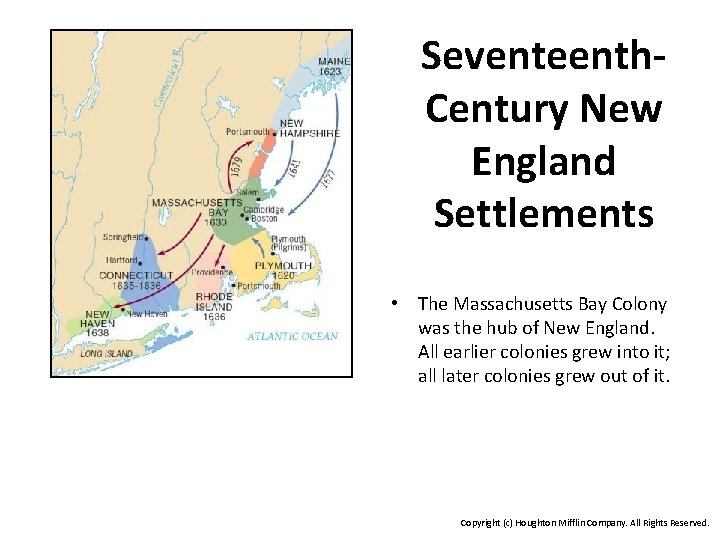 Seventeenth. Century New England Settlements • The Massachusetts Bay Colony was the hub of