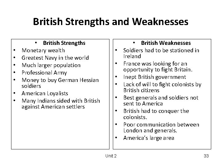 British Strengths and Weaknesses • • British Strengths Monetary wealth Greatest Navy in the