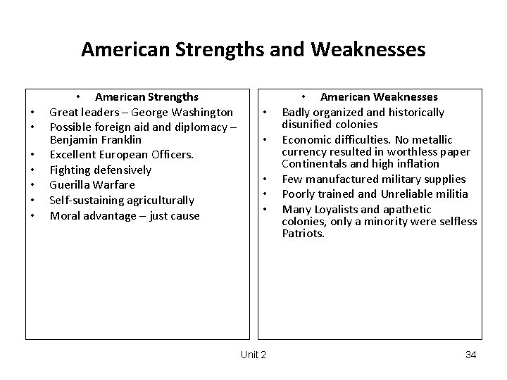 American Strengths and Weaknesses • • American Strengths Great leaders – George Washington Possible