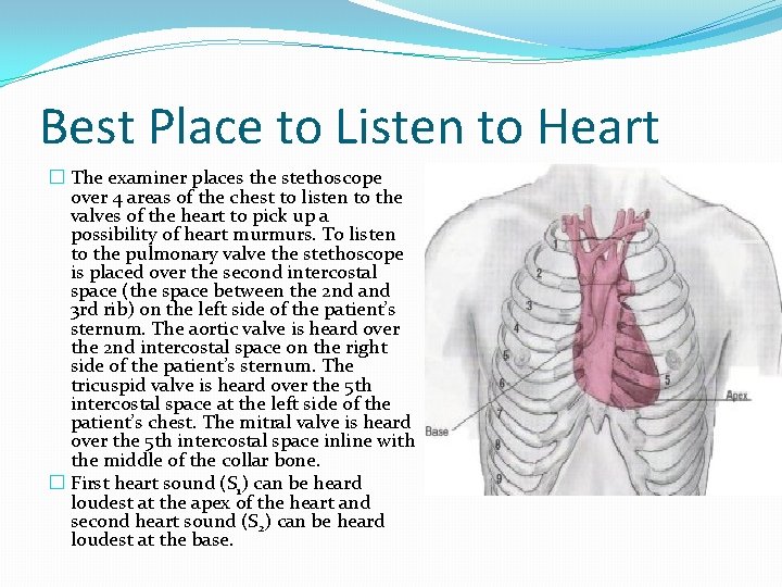 Best Place to Listen to Heart � The examiner places the stethoscope over 4