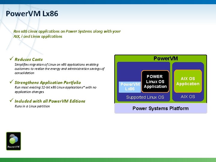 Power. VM Lx 86 Run x 86 Linux applications on Power Systems along with