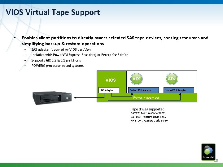 VIOS Virtual Tape Support • Enables client partitions to directly access selected SAS tape