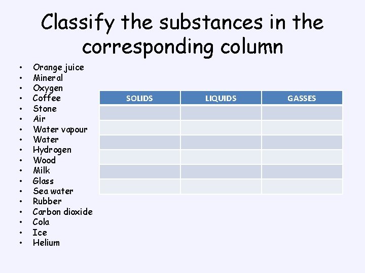 Classify the substances in the corresponding column • • • • • Orange juice