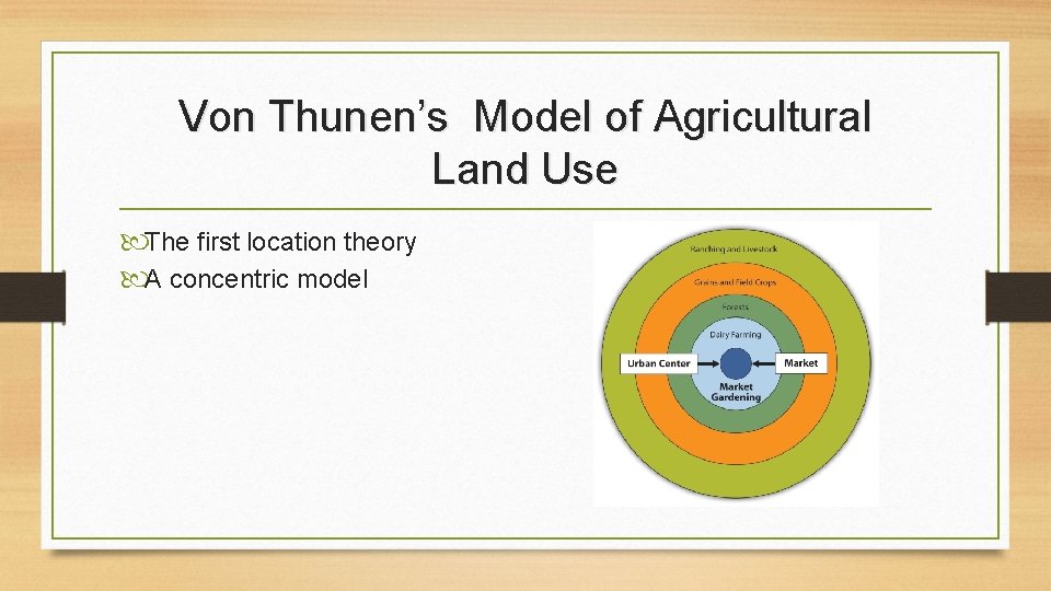 Von Thunen’s Model of Agricultural Land Use The first location theory A concentric model