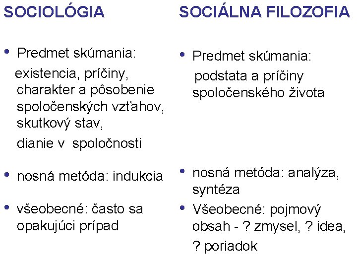 SOCIOLÓGIA SOCIÁLNA FILOZOFIA • Predmet skúmania: existencia, príčiny, charakter a pôsobenie spoločenských vzťahov, skutkový