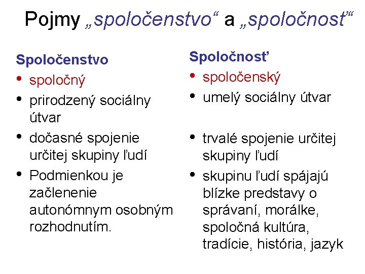 Pojmy „spoločenstvo“ a „spoločnosť“ Spoločenstvo • spoločný • prirodzený sociálny útvar • dočasné spojenie Pojmy „spoločenstvo“ a „spoločnosť“ Spoločenstvo • spoločný • prirodzený sociálny útvar • dočasné spojenie