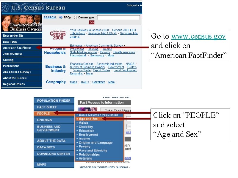 Go to www. census. gov and click on “American Fact. Finder” Click on “PEOPLE”
