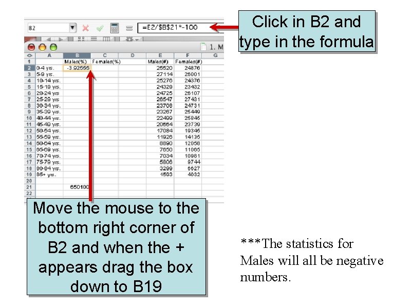 Click in B 2 and type in the formula Move the mouse to the