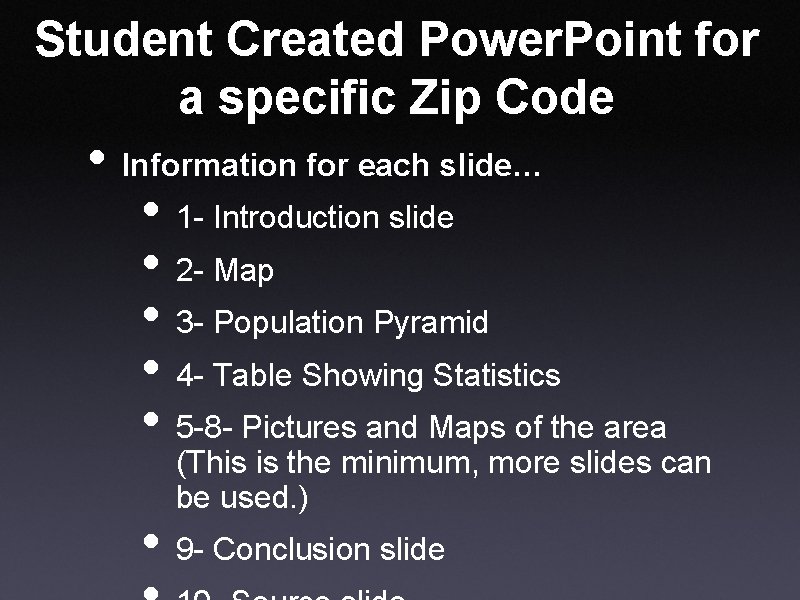 Student Created Power. Point for a specific Zip Code • Information for each slide…