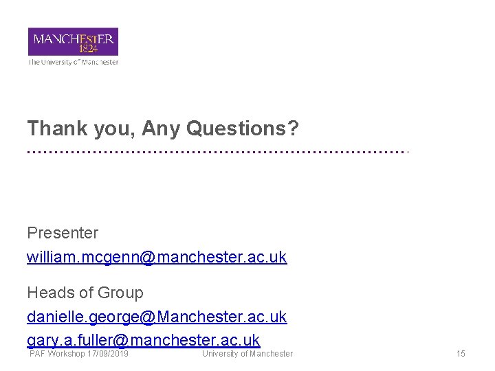 Thank you, Any Questions? Presenter william. mcgenn@manchester. ac. uk Heads of Group danielle. george@Manchester.