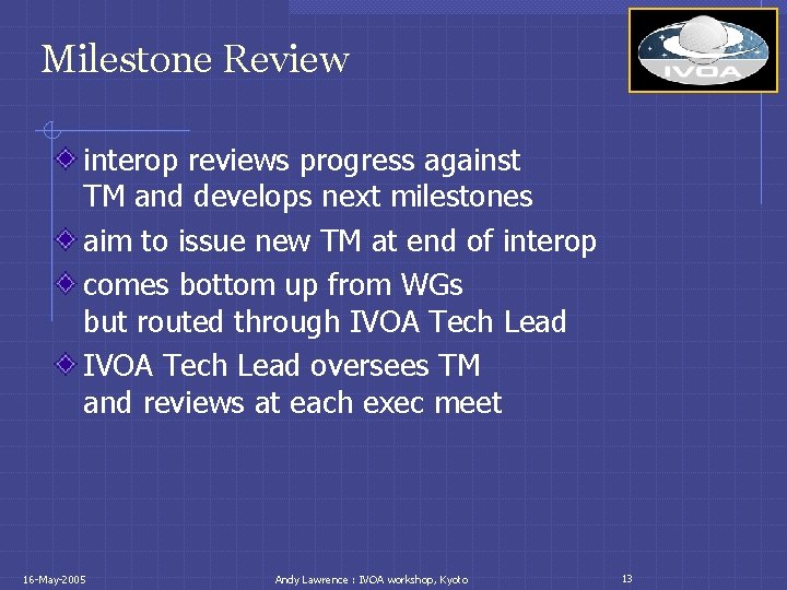 Milestone Review interop reviews progress against TM and develops next milestones aim to issue
