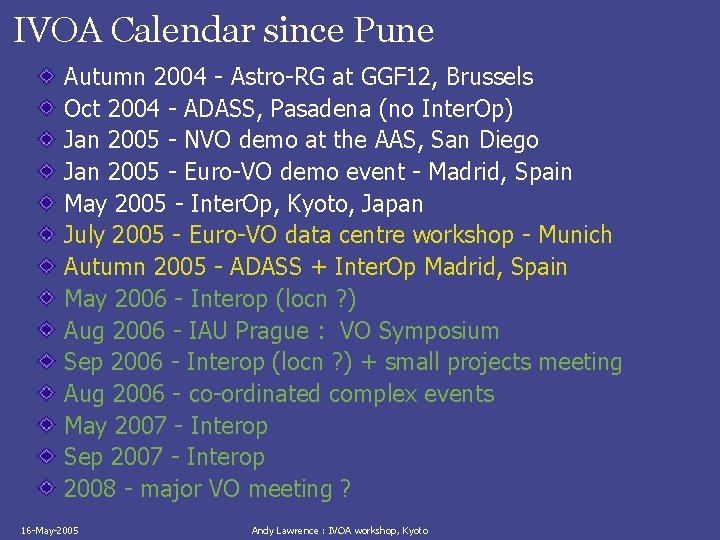 IVOA Calendar since Pune Autumn 2004 - Astro-RG at GGF 12, Brussels Oct 2004
