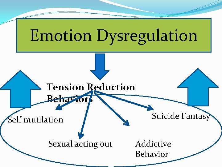 Emotion Dysregulation Tension Reduction Behaviors Self mutilation Sexual acting out Suicide Fantasy Addictive Behavior