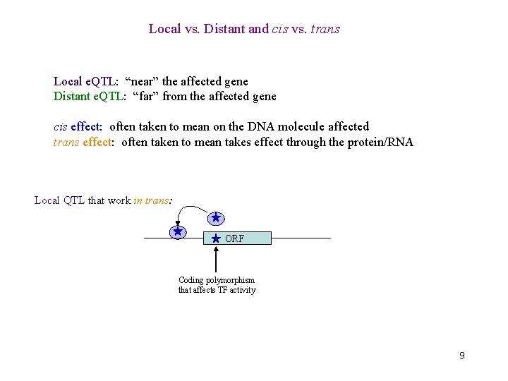Local vs. Distant and cis vs. trans Local e. QTL: “near” the affected gene