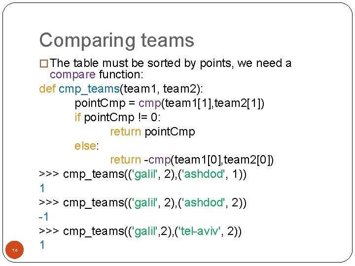 Comparing teams � The table must be sorted by points, we need a 16