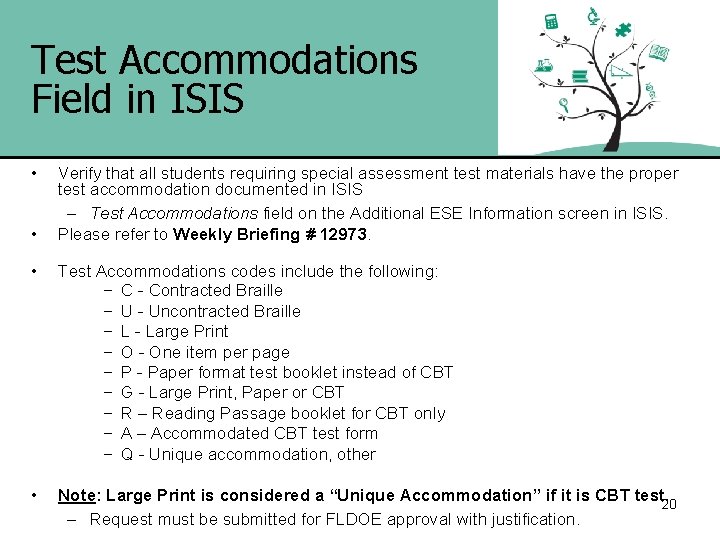 Test Accommodations Field in ISIS • • Verify that all students requiring special assessment