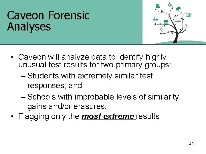 Caveon Forensic Analyses • Caveon will analyze data to identify highly unusual test results