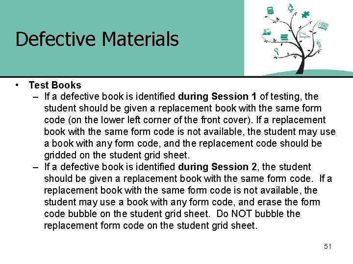 Defective Materials • Test Books – If a defective book is identified during Session