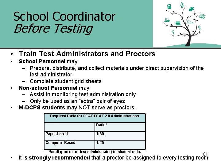 School Coordinator Before Testing • Train Test Administrators and Proctors • • • School