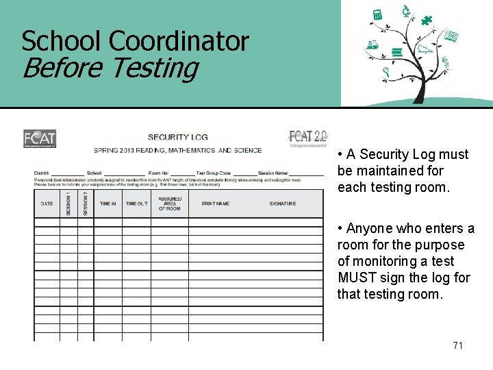 School Coordinator Before Testing • A Security Log must be maintained for each testing