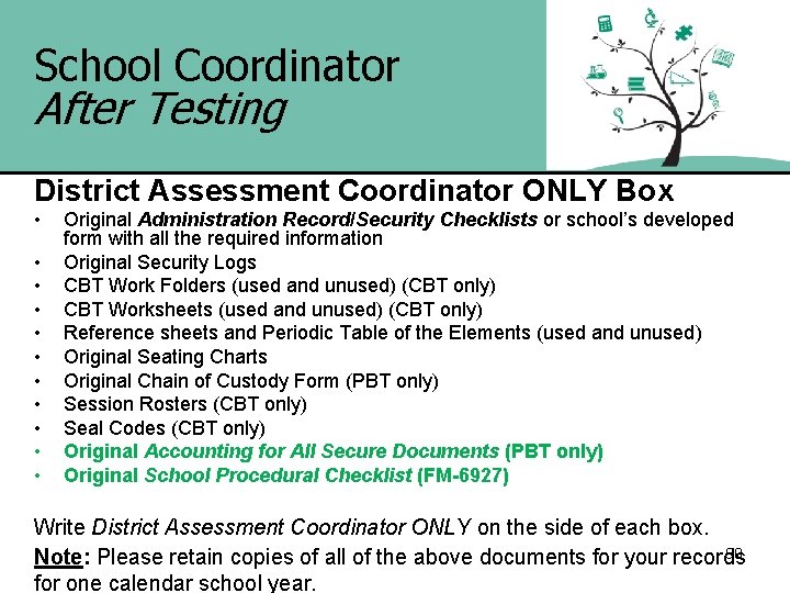 School Coordinator After Testing District Assessment Coordinator ONLY Box • • • Original Administration