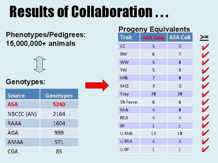 Results of Collaboration. . . Phenotypes/Pedigrees: 15, 000+ animals Genotypes: Source ASA Genotypes 5240