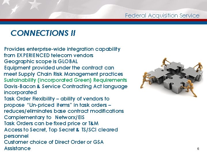 Federal Acquisition Service CONNECTIONS II Provides enterprise-wide integration capability from EXPERIENCED telecom vendors Geographic