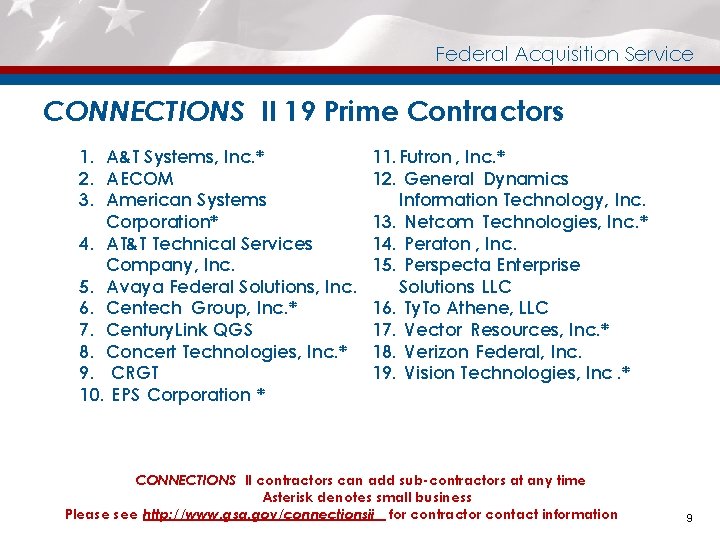 Federal Acquisition Service CONNECTIONS II 19 Prime Contractors 1. A&T Systems, Inc. * 2.