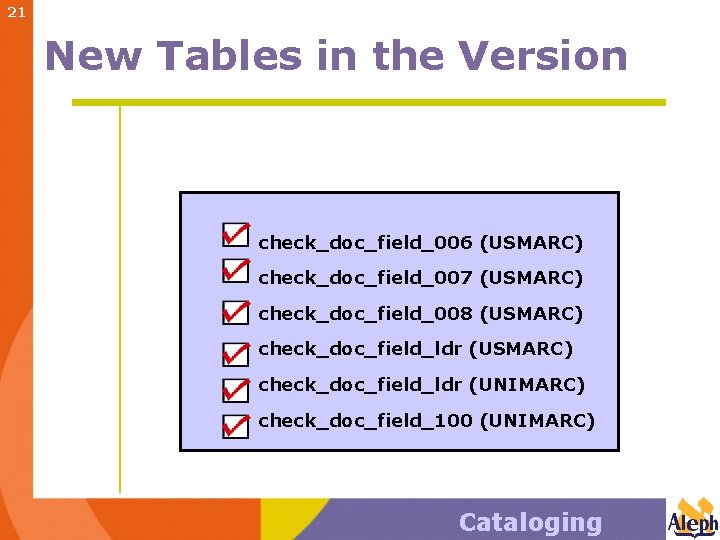 21 New Tables in the Version check_doc_field_006 (USMARC) check_doc_field_007 (USMARC) check_doc_field_008 (USMARC) check_doc_field_ldr (UNIMARC)