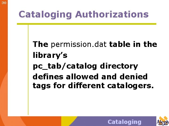30 Cataloging Authorizations The permission. dat table in the library’s pc_tab/catalog directory defines allowed