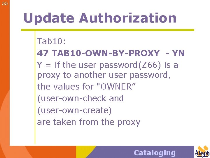 55 Update Authorization Tab 10: 47 TAB 10 -OWN-BY-PROXY - YN Y = if