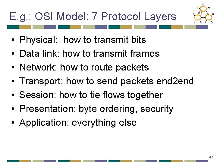 E. g. : OSI Model: 7 Protocol Layers • • Physical: how to transmit