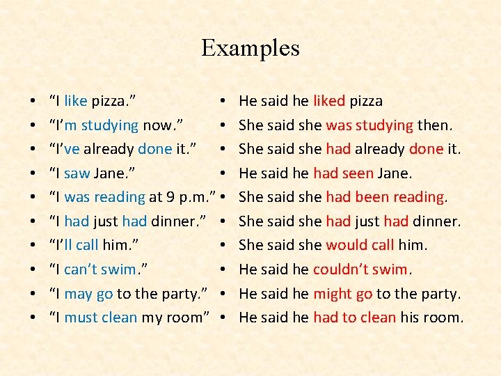 Examples • • • “I like pizza. ” • “I’m studying now. ” •