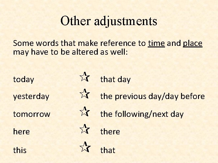 Other adjustments Some words that make reference to time and place may have to