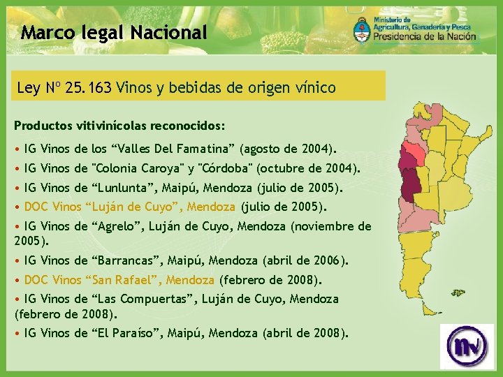 Marco legal Nacional Ley Nº 25. 163 Vinos y bebidas de origen vínico Productos