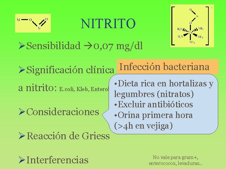 NITRITO ØSensibilidad 0, 07 mg/dl Infección bacteriana ØSignificación clínica (gramreducen nitrato • Dieta rica