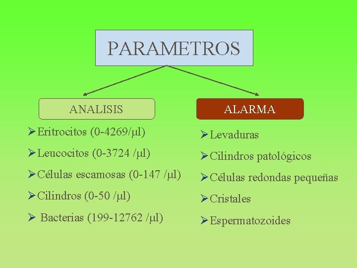PARAMETROS ANALISIS ALARMA ØEritrocitos (0 -4269/µl) ØLevaduras ØLeucocitos (0 -3724 /µl) ØCilindros patológicos ØCélulas