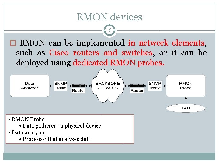 RMON devices 6 � RMON can be implemented in network elements, such as Cisco