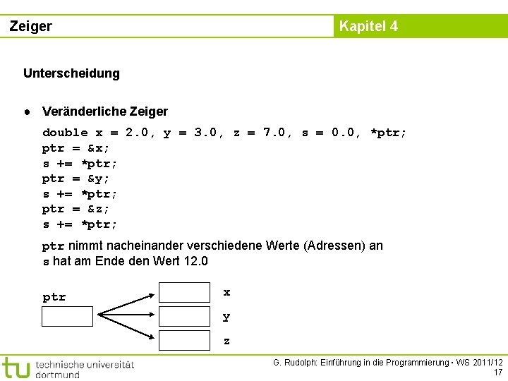 Zeiger Kapitel 4 Unterscheidung ● Veränderliche Zeiger double x = 2. 0, y =