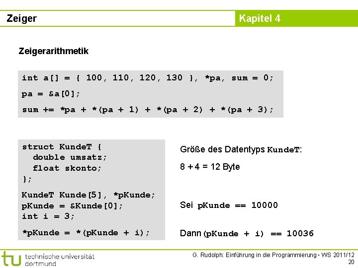 Zeiger Kapitel 4 Zeigerarithmetik int a[] = { 100, 110, 120, 130 }, *pa,