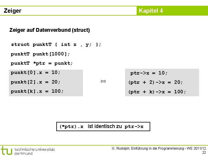 Zeiger Kapitel 4 Zeiger auf Datenverbund (struct) struct punkt. T { int x ,