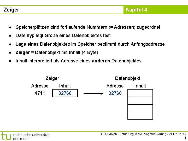 Zeiger Kapitel 4 ● Speicherplätzen sind fortlaufende Nummern (= Adressen) zugeordnet ● Datentyp legt