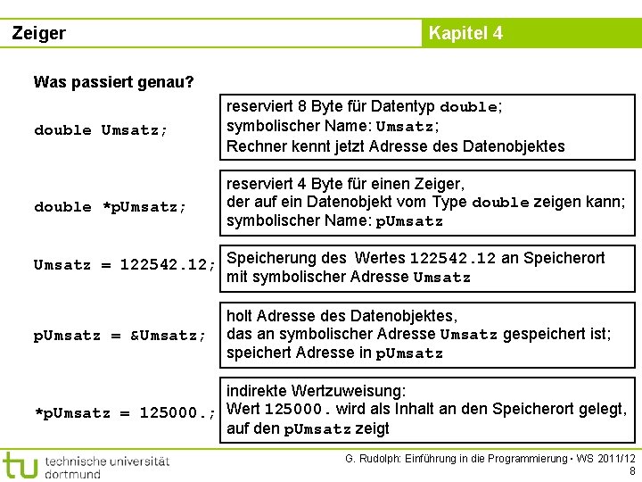 Zeiger Kapitel 4 Was passiert genau? double Umsatz; reserviert 8 Byte für Datentyp double;