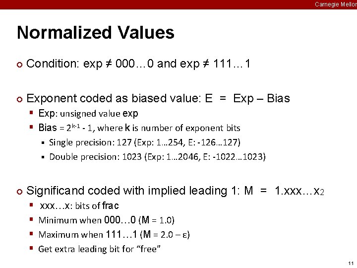 Carnegie Mellon Normalized Values ¢ Condition: exp ≠ 000… 0 and exp ≠ 111…