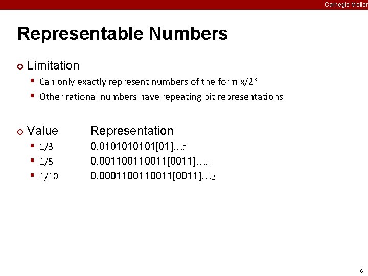 Carnegie Mellon Representable Numbers ¢ Limitation § Can only exactly represent numbers of the