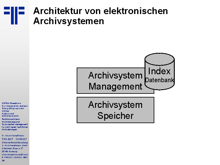 Architektur von elektronischen Archivsystemen Index Archivsystem Datenbank Management GDPd. U-Roadshow Die Intelligenz der digitalen