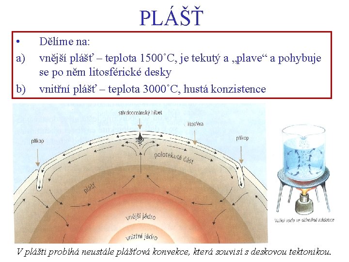 PLÁŠŤ • a) b) Dělíme na: vnější plášť – teplota 1500˚C, je tekutý a