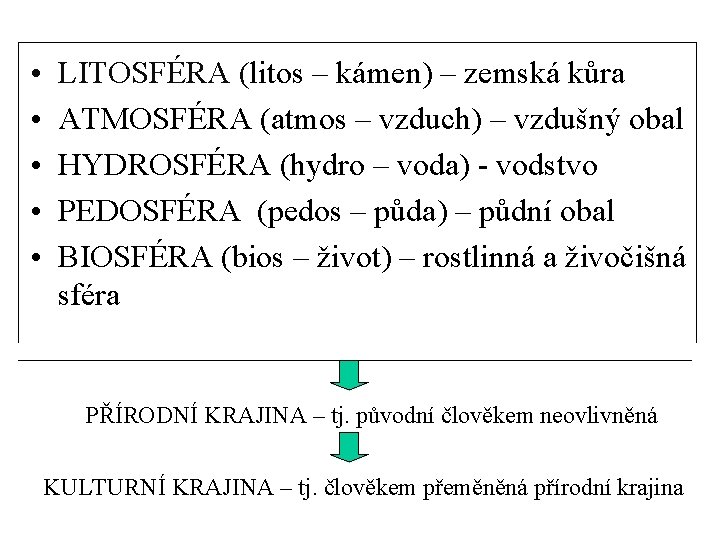  • • • LITOSFÉRA (litos – kámen) – zemská kůra ATMOSFÉRA (atmos –