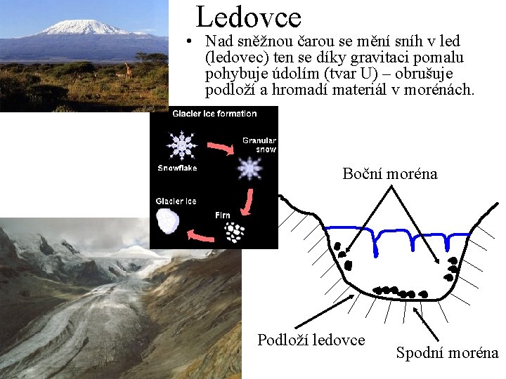 Ledovce • Nad sněžnou čarou se mění sníh v led (ledovec) ten se díky