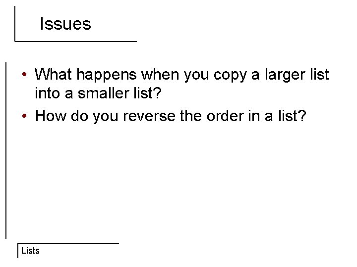 Issues • What happens when you copy a larger list into a smaller list?